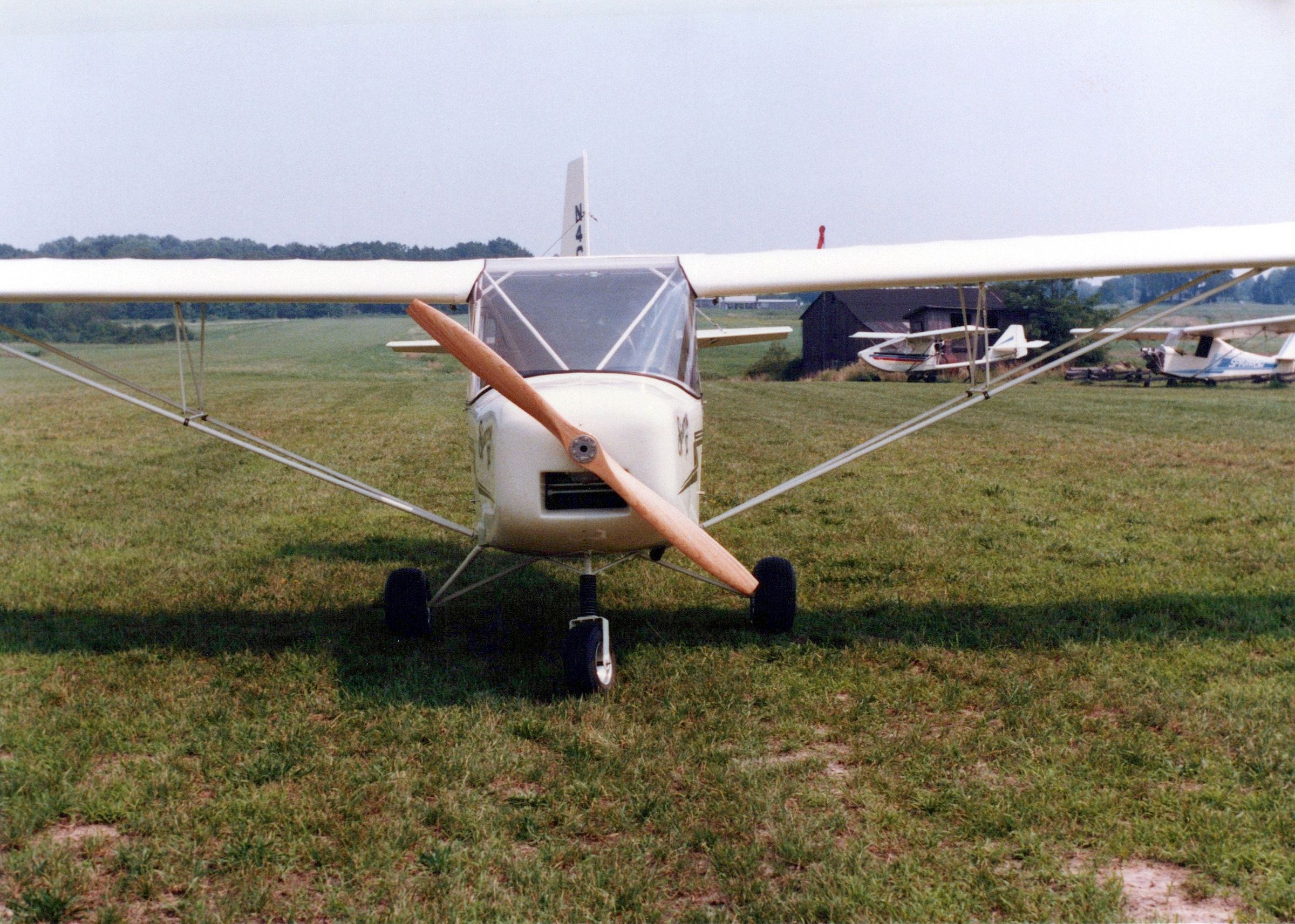 Head-on view of a Carlson Sparrow II showing the wing struts and propeller