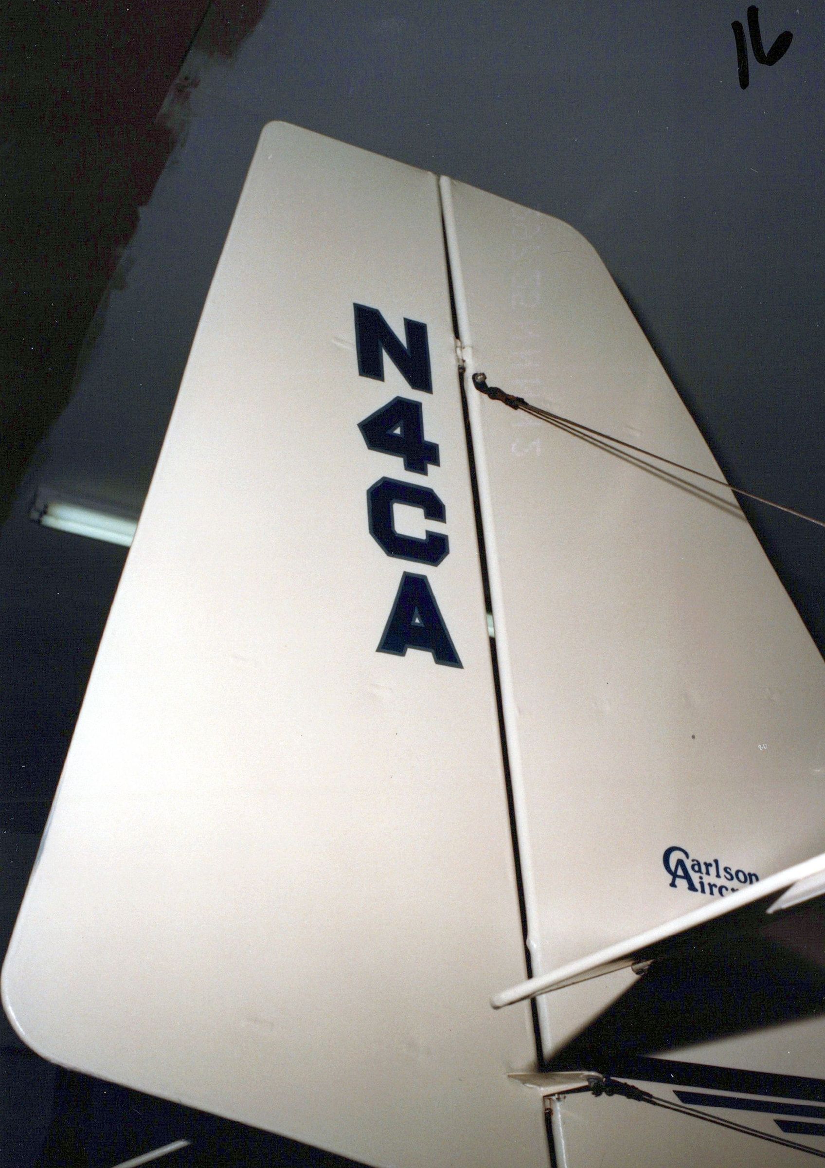 Vertical tail of a Carlson Sparrow II marked N4CA